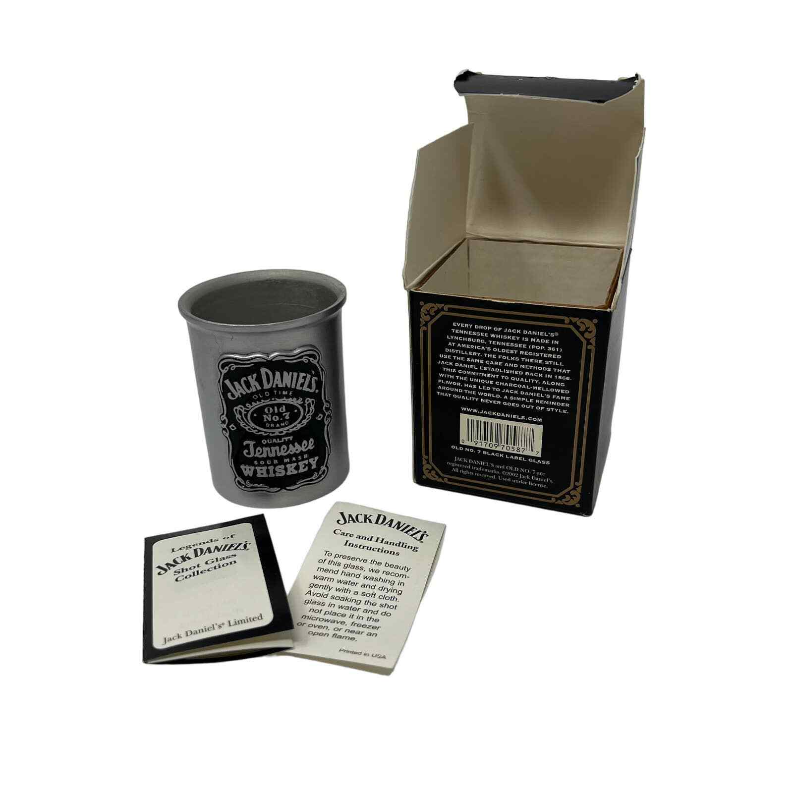 Jack Daniels 2002 Legends of JD Old No. 7 Black Label Pewter Shot Glass Box New