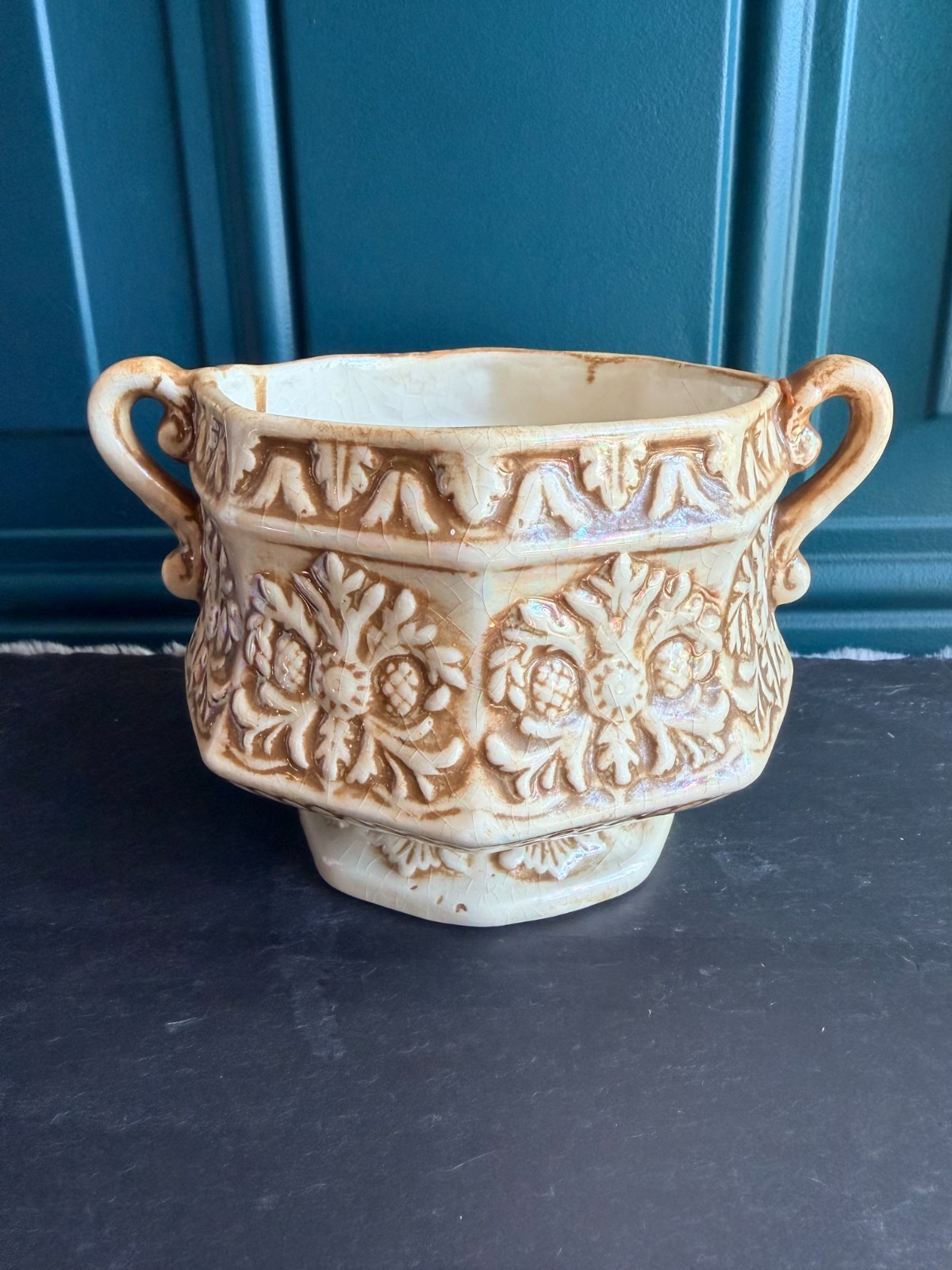 Antique Weller-STYLE Ivory Ceramic Handled Jardiniere/Planter – Floral Embossed