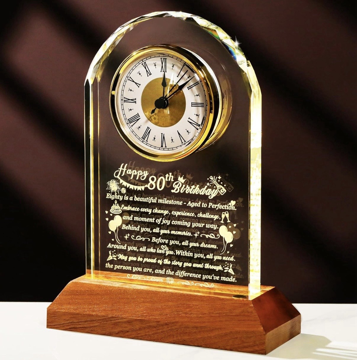 Happy 80th Birthday Lighted Acrylic Clock Keepsake w/ Wood Base USB Open Box