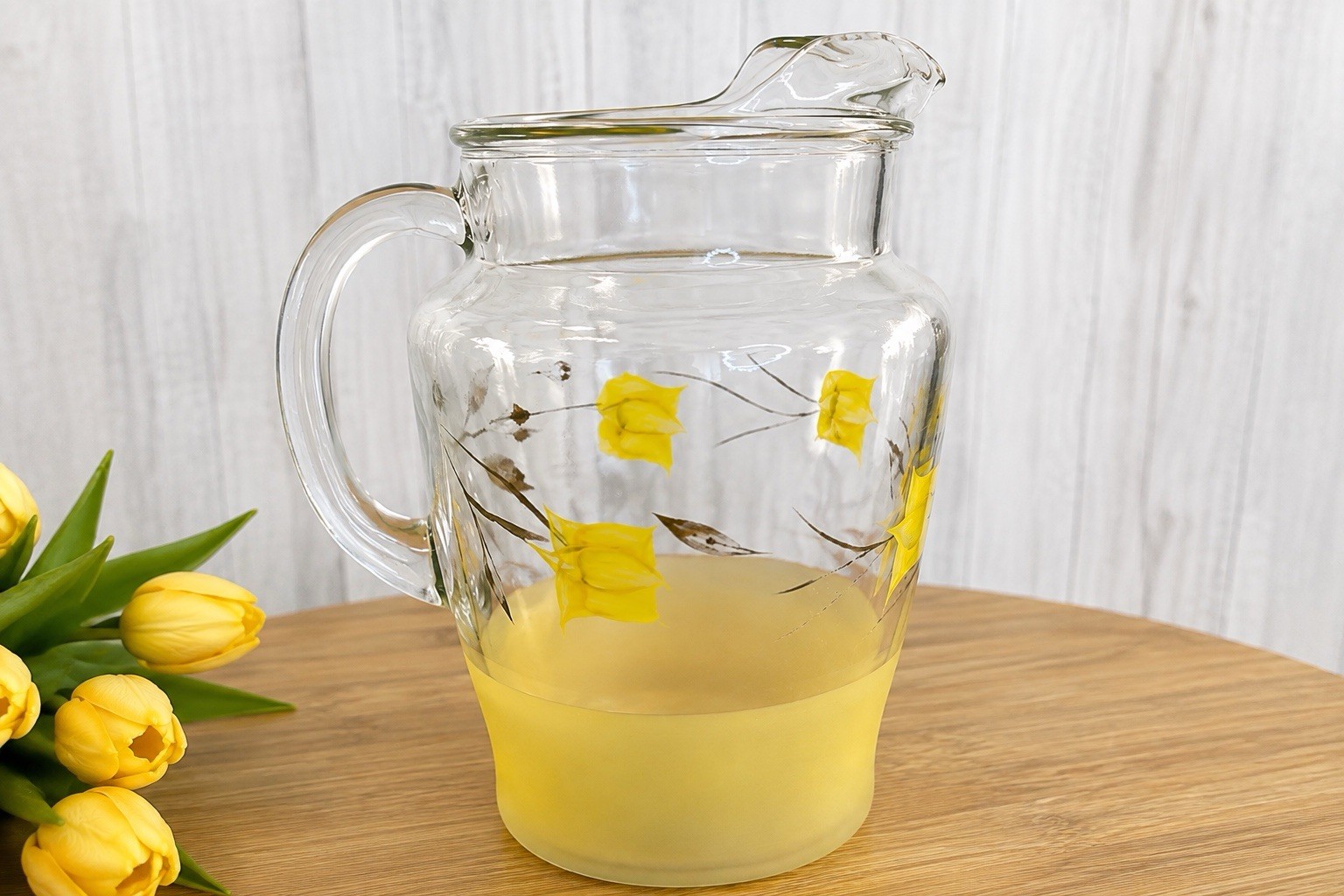 Vintage Bartlett Collins Hand Painted Yellow Tulips Frosted Base Glass Pitcher
