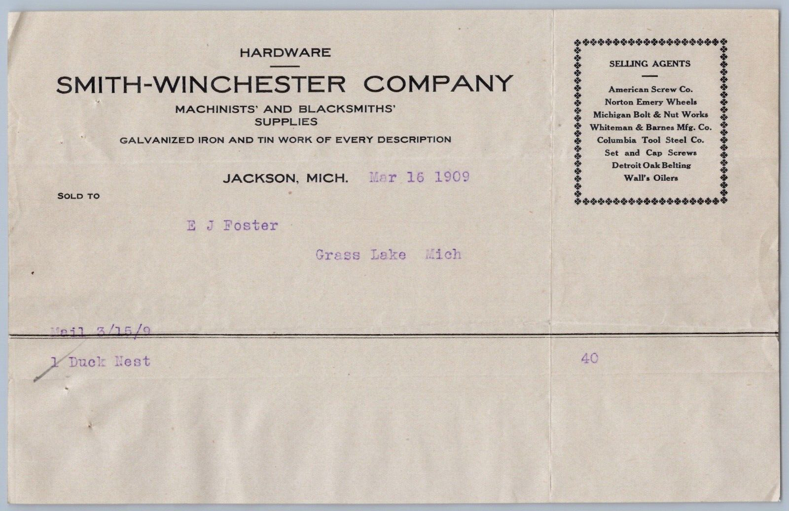 1909 Smith Winchester Co Billhead Jackson Michigan Machinist Blacksmith Hardware