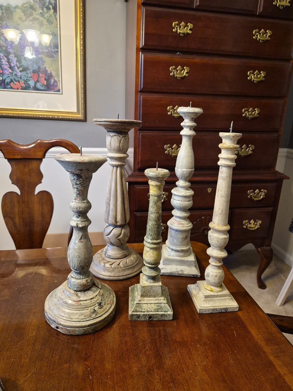 Farmhouse Turned Wood Candle Holders Set of 5 Graduated Pricket Pillars Pedestal