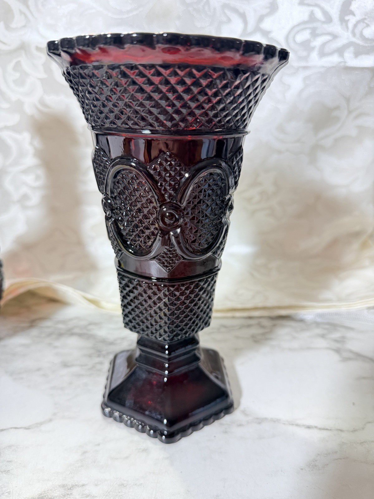 Avon 1876 Cape Cod Collection Ruby Red Glass Footed Vase 8” (3391)