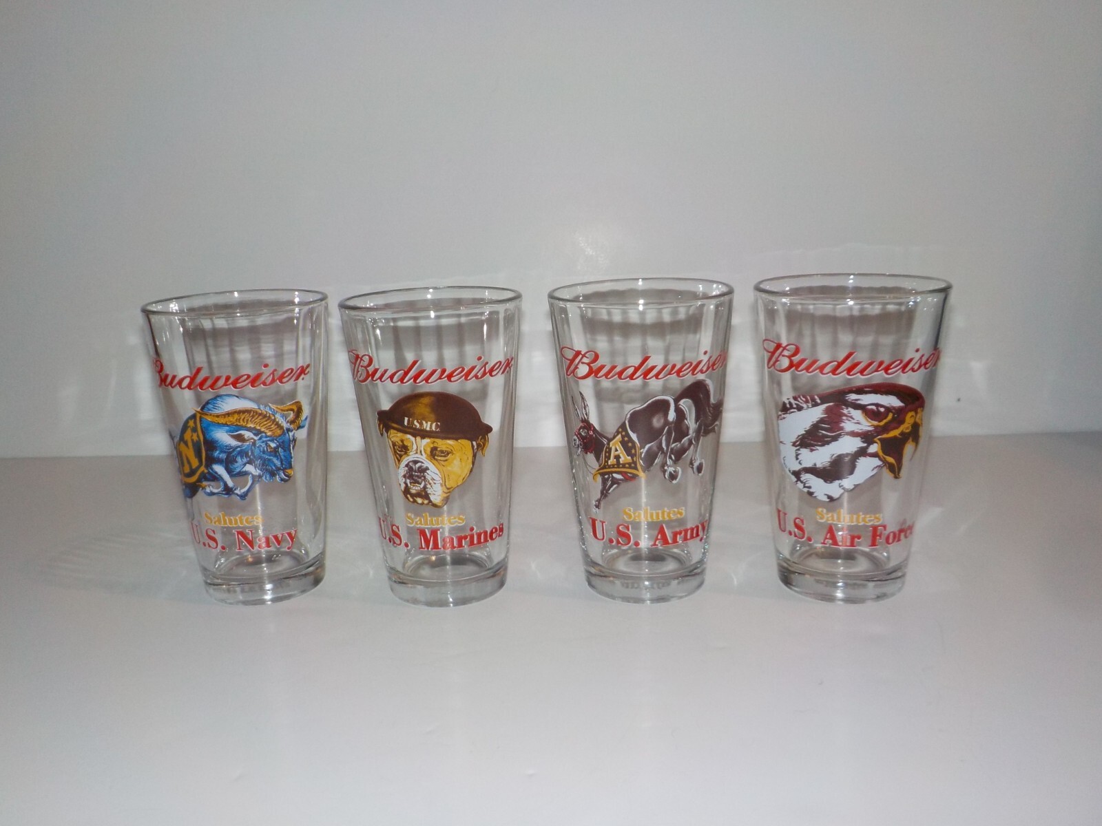 Lot of 4 Budweiser Beer Glasses Salutes U.S. Military Army Navy Marines USAF
