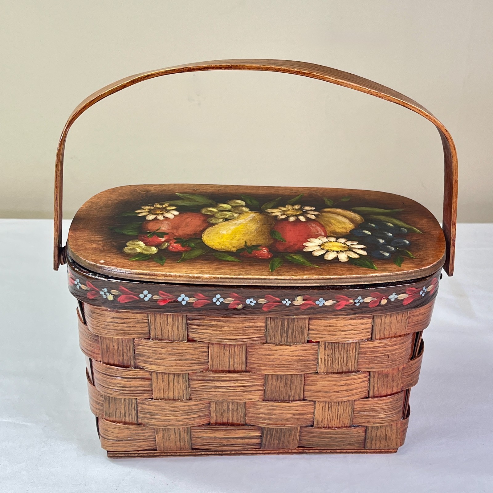 Vintage BASKETVILLE Vermont Hand Painted Fruit Wood Basket Purse Lined Folk Art