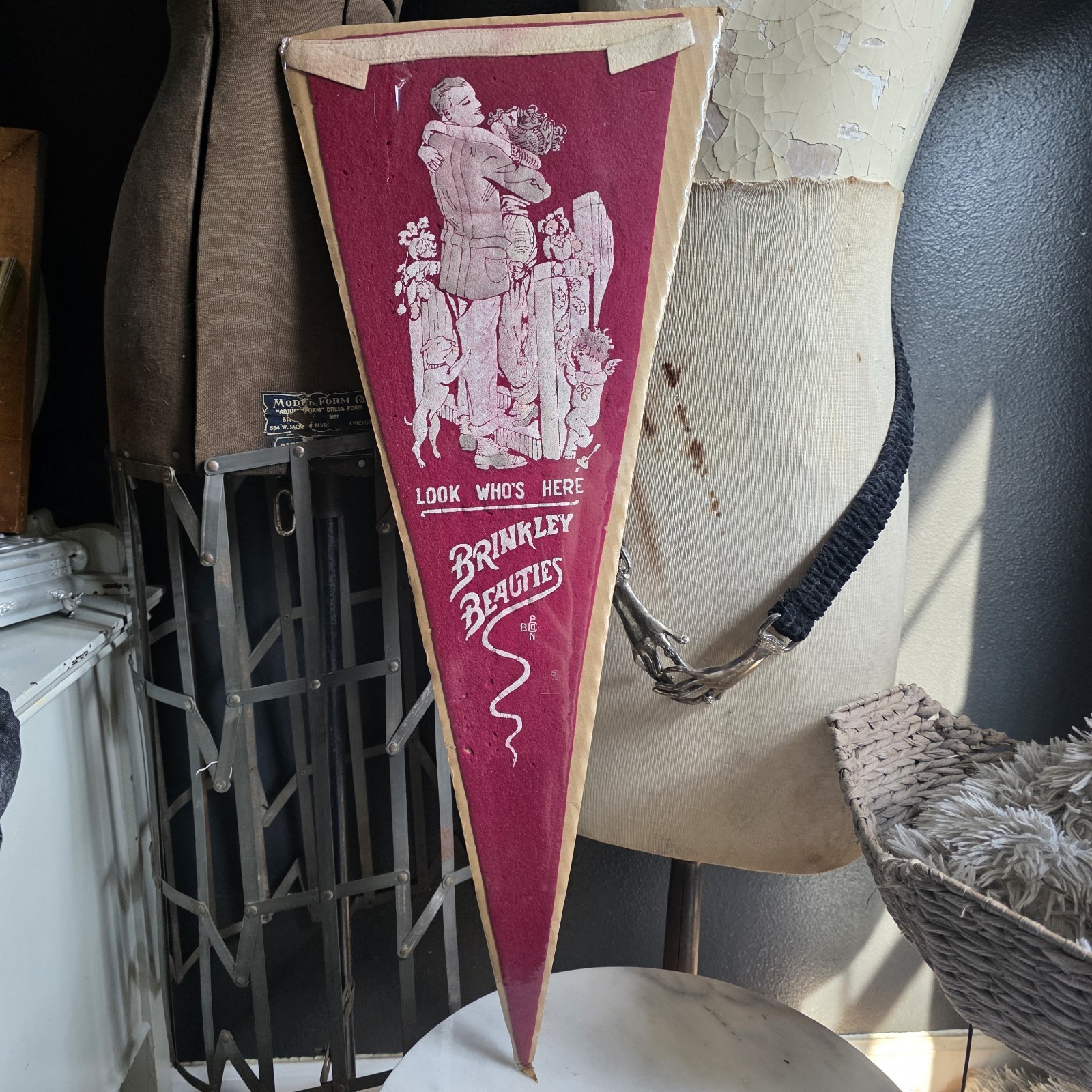 Antique Brinkley Beauties Red Pennant Flag Look Who's Here 1910s Nell