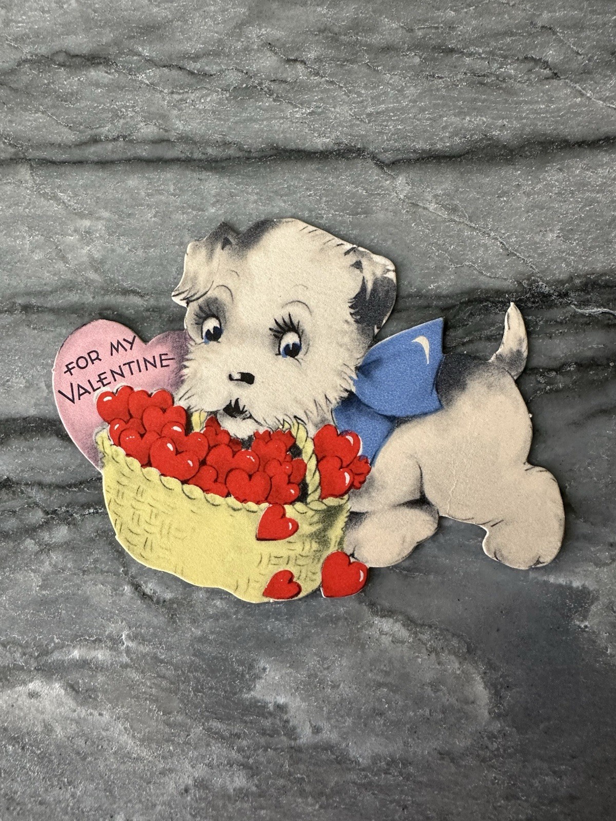 Vintage Gibson Valentine Card Puppy Dog Terrier Basket Hearts Bow Pink Bow Cute