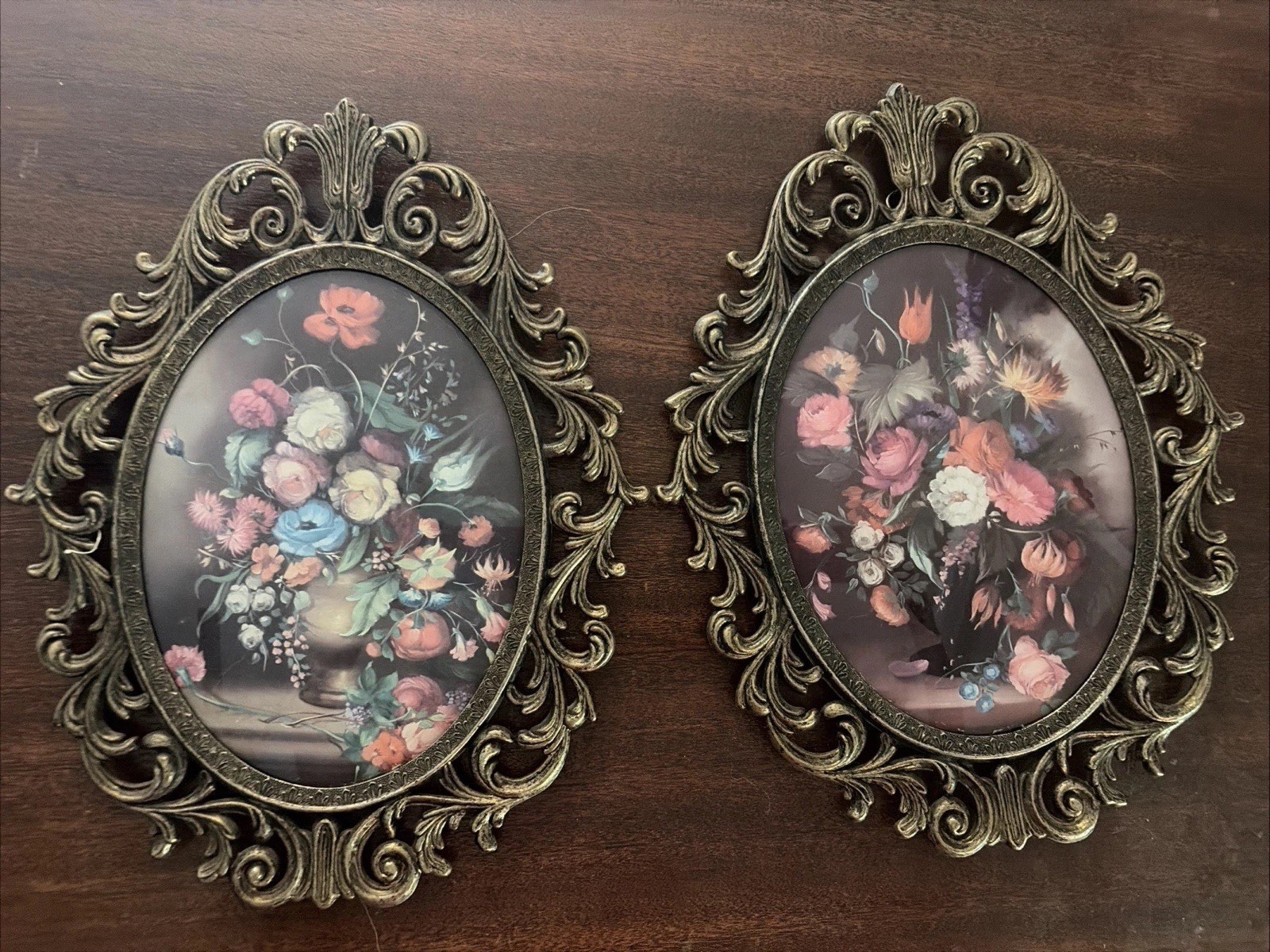Vintage MCM Brass Ornate Made In ITALY Brass Frame Dark Floral Botanical