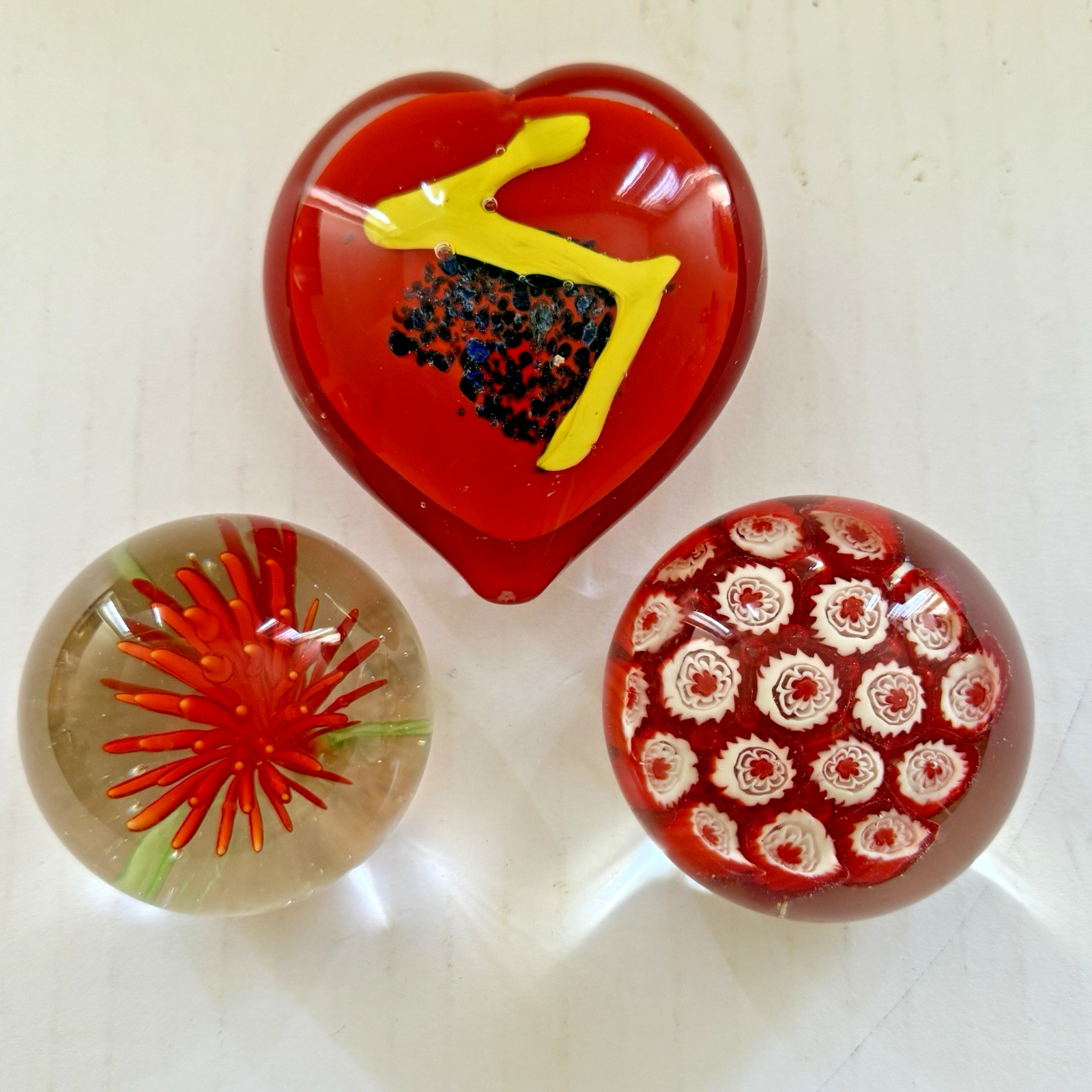 Lot of 3 VTG Paperweights - Postmodernist Heart, Millefiori & Anemone Handblown