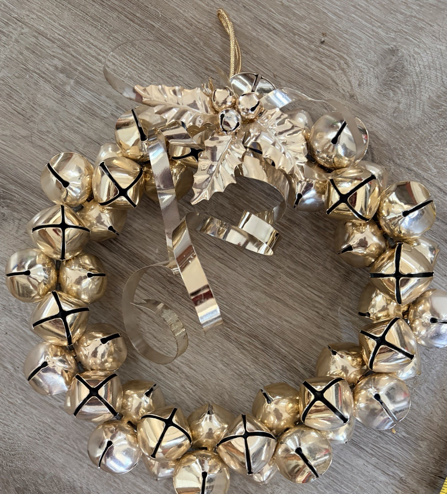 Vintage Martha Stewart Gold Jingle Bell Christmas Wreath with Holly Topper 10\