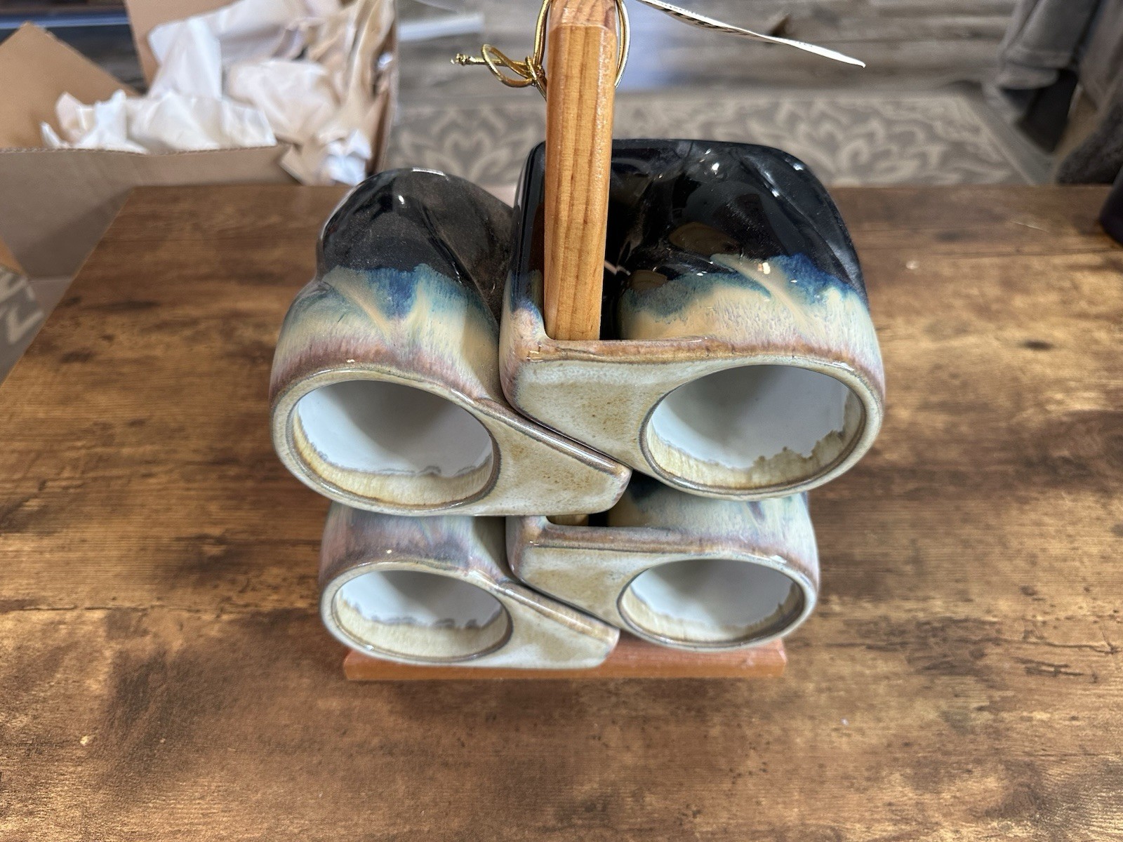 Vintage Rodolfo Padilla Beige Tan Drip Glaze Mugs Wood Stand Set Of 4