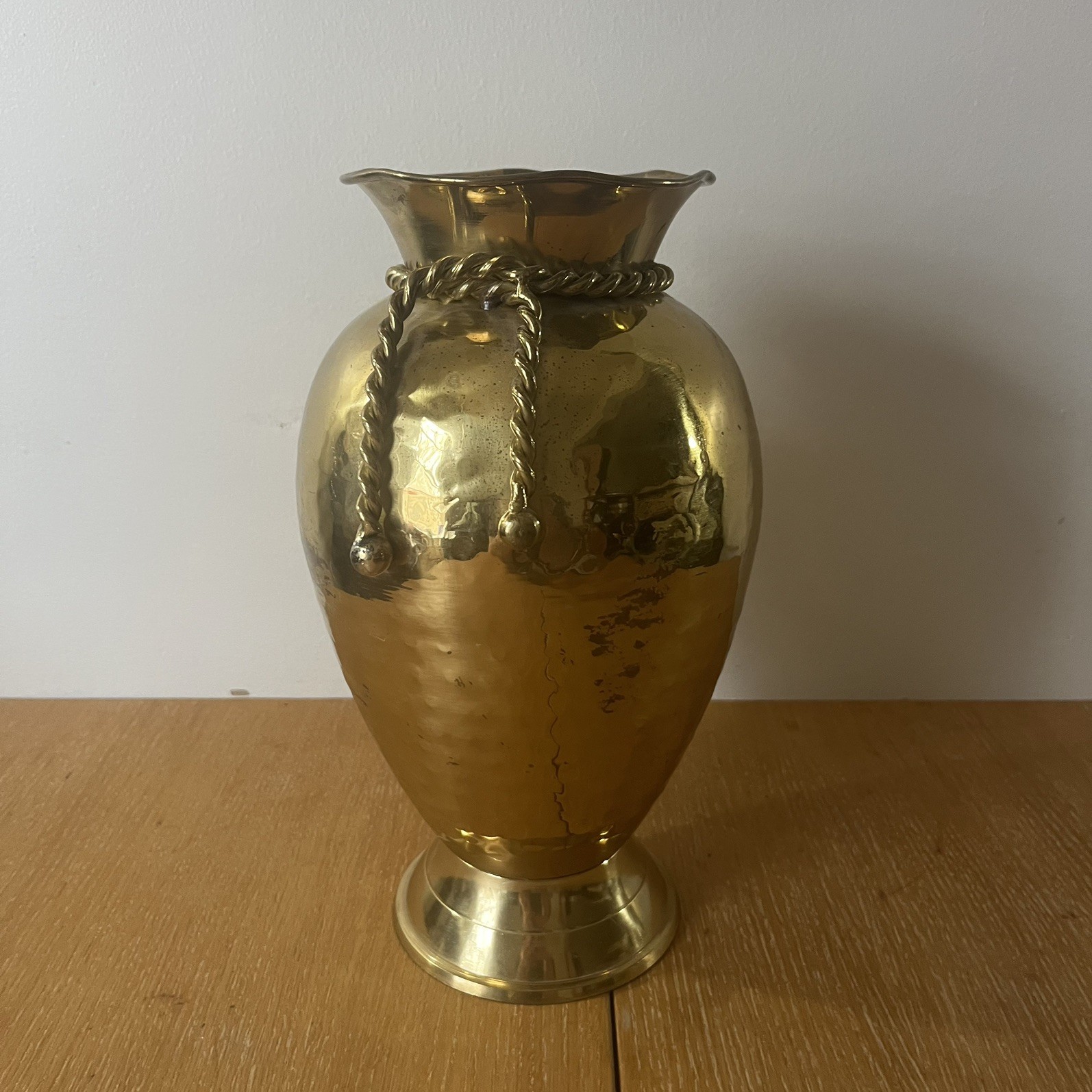 VTG Hammered Brass Vase Rope Tassel Tie Made in India 12 In Tall Fluted Opening