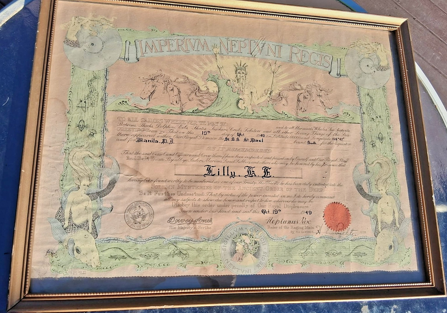 US NAVY King Neptune SHELLBACK Award for crossing the line USS ST Paul 1949