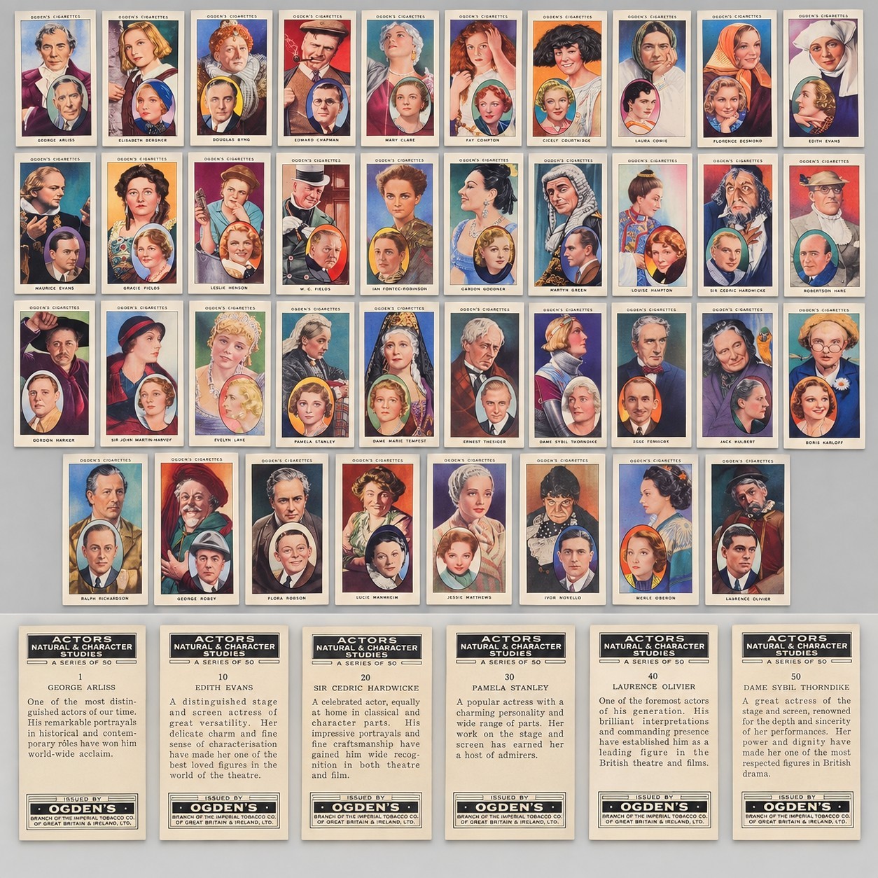 1938 Ogden’s Actors Natural & Character Studies Complete Set 1-50 Karloff
