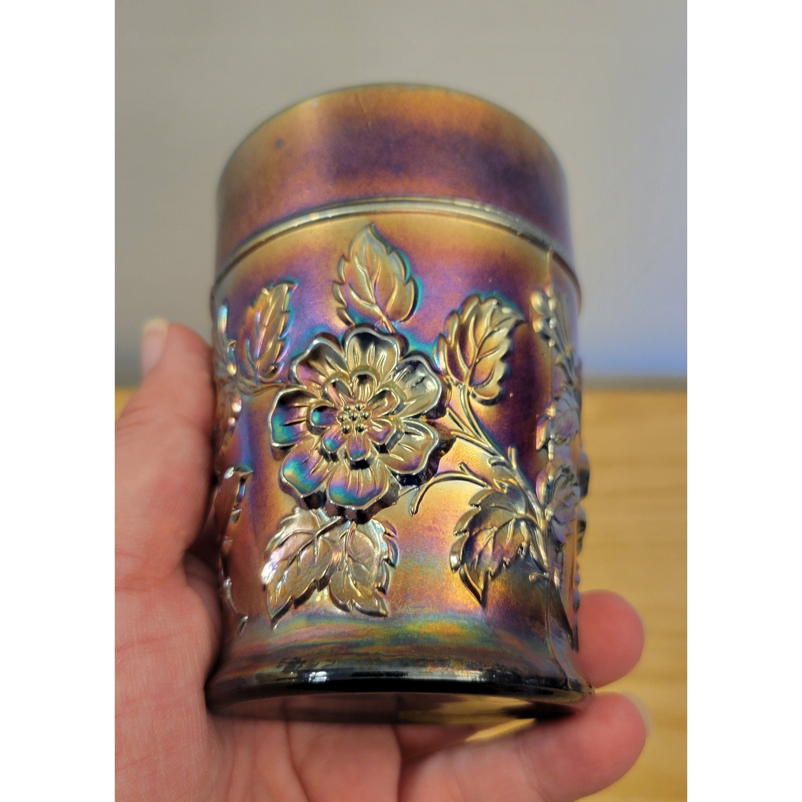 Antique Dugan Rambler Rose Cobalt Blue Carnival Glass Tumbler c1915 Iridescent Antique Dugan Rambler Rose Cobalt Blue Carnival Glass Tumbler c1915 Iridescent