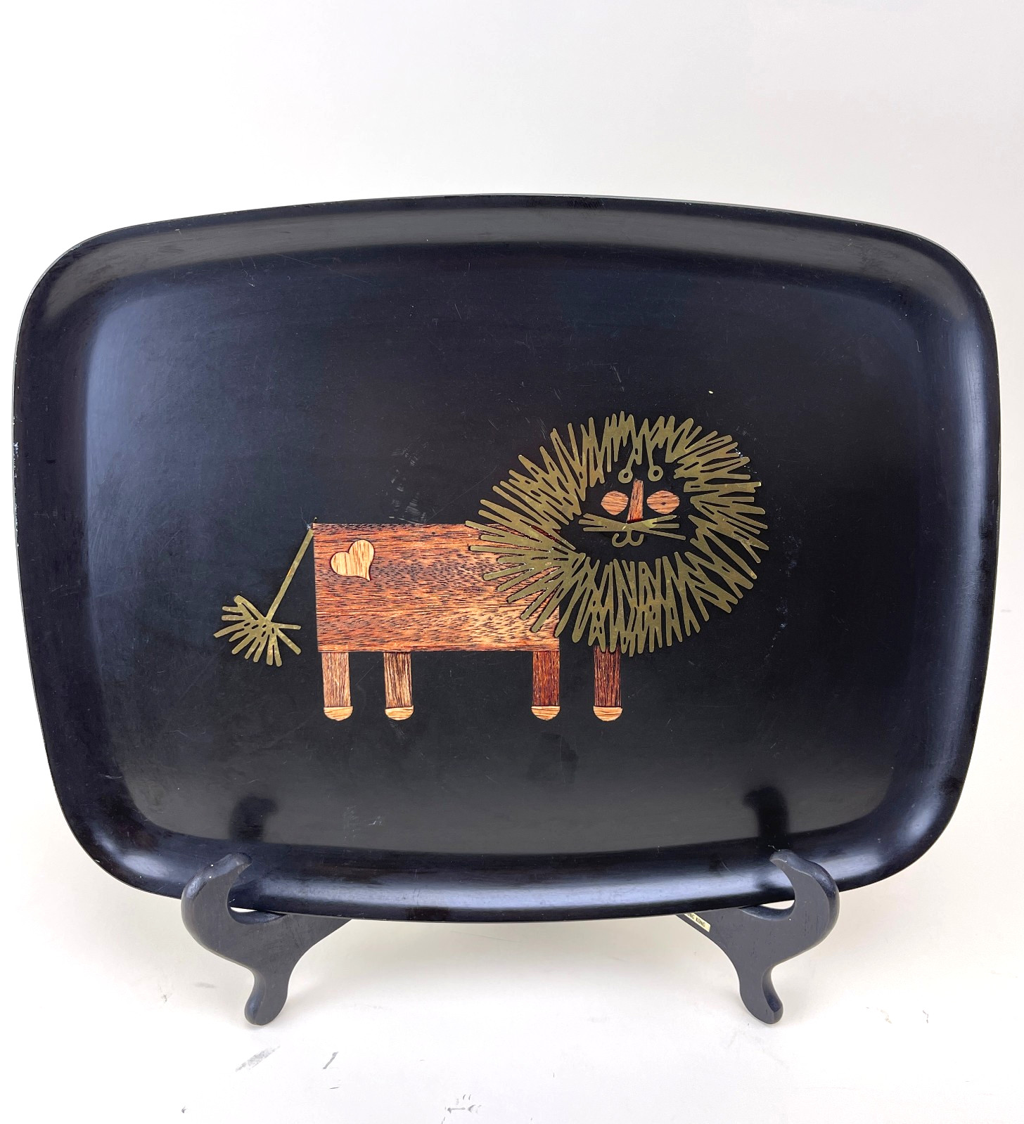 Vintage Couroc Monterey Lion Tray MCM Black Inlay Brass Wood 12.5” Modern 1960\'s