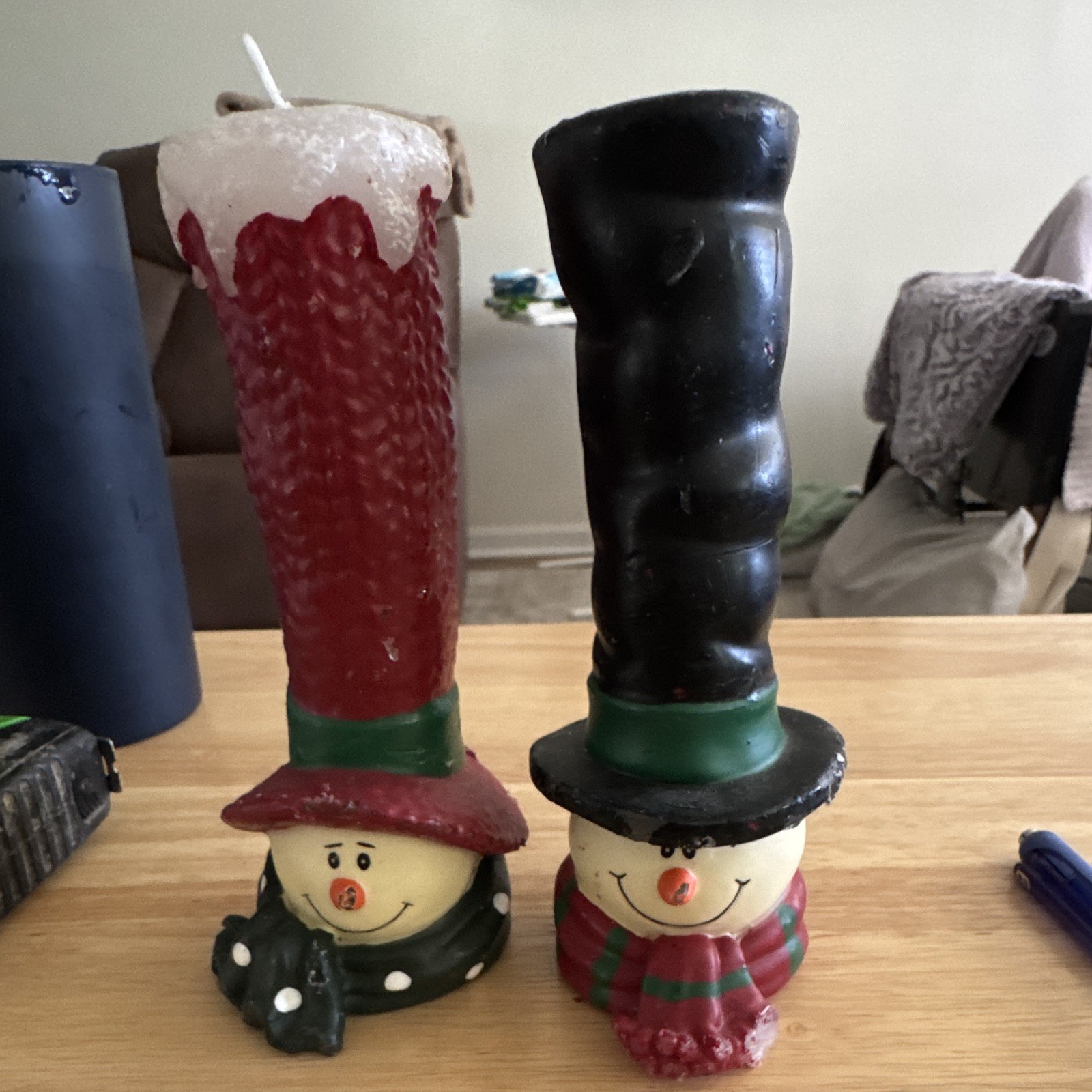 Two Vintage Snowmen Candles Christmas Decorations