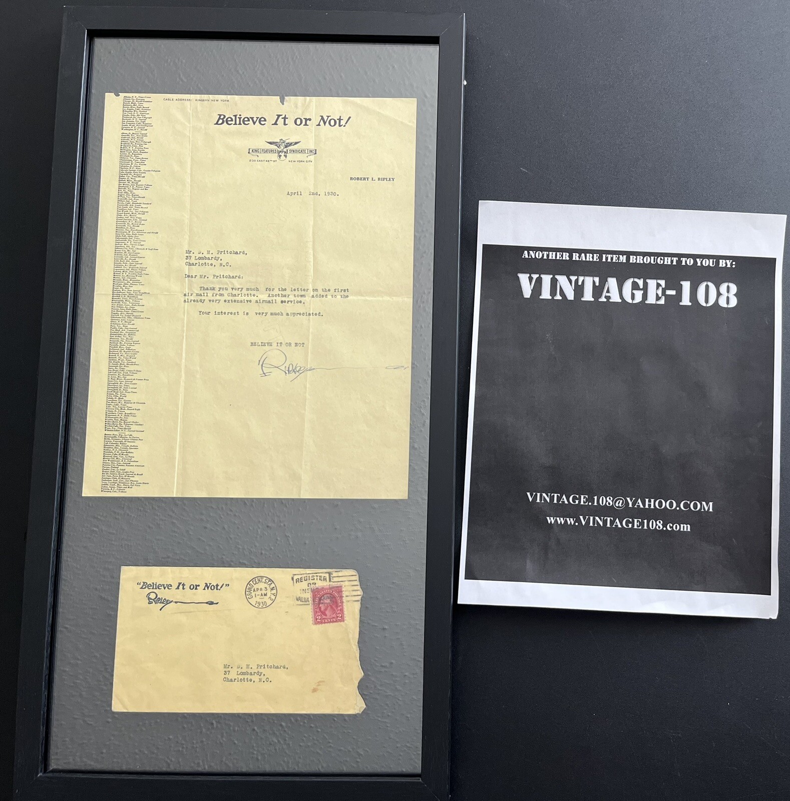 Robert Ripley Ripley’s Believe It Or Not Signed Letter & Original Envelope 1930 
