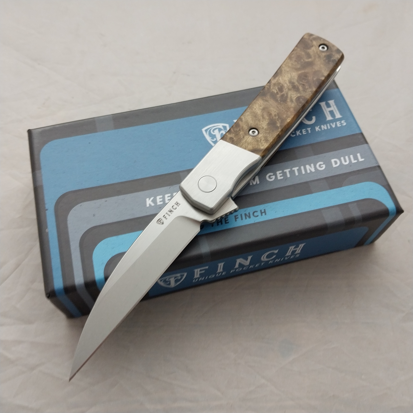 Finch Widowmaker Bolster Lock Burlwood Folding 154CM Pocket Knife WM204