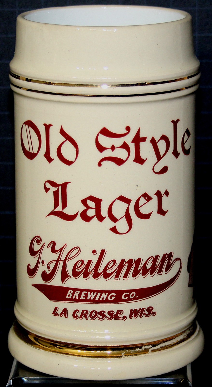 Pre Prohibition G. Heileman Brewing Co. Old Style Lager Ceramic Beer Mug V. 1905