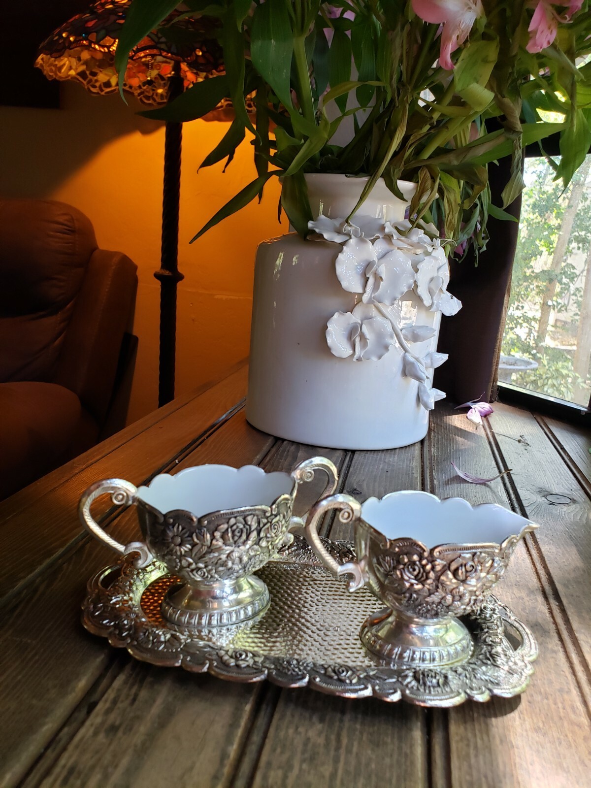 EALES 1779 VTG SILVER Plate CREAMER SUGAR Bowl WITH ENAMEL INTERIOR Floral & Box
