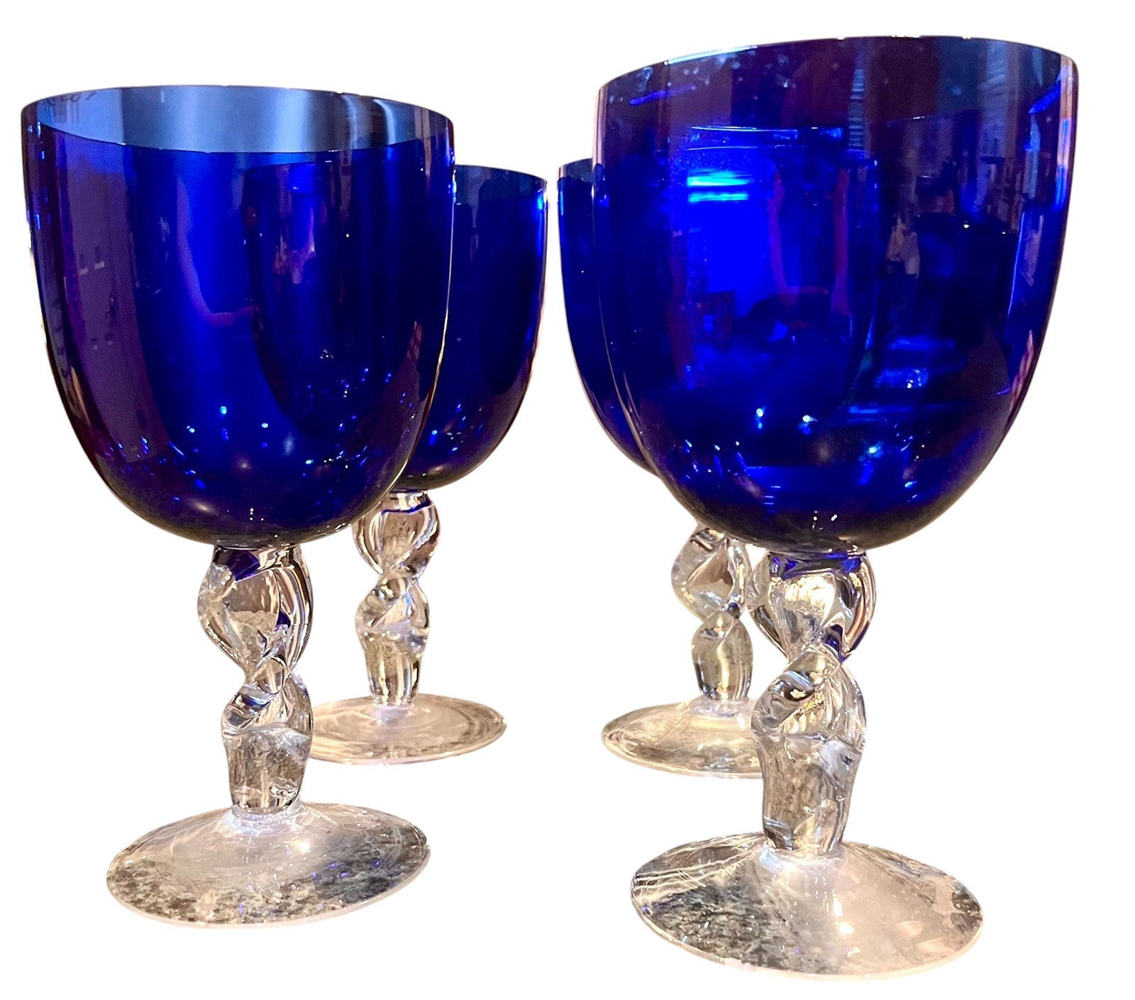 4 VTG Cobalt Royal Blue Water Wine Tea Goblets Twisted Stem Art Glass  16-20oz