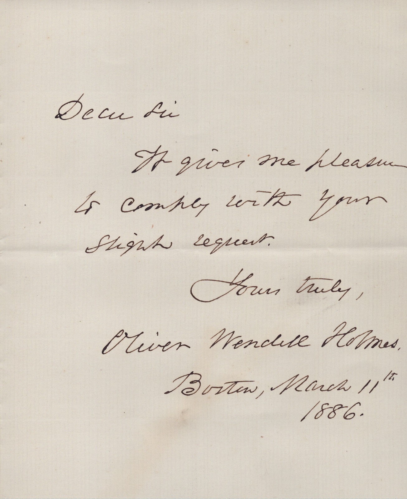 OLIVER WENDELL HOLMES SR. - AUTOGRAPH LETTER SIGNED 03/11/1886