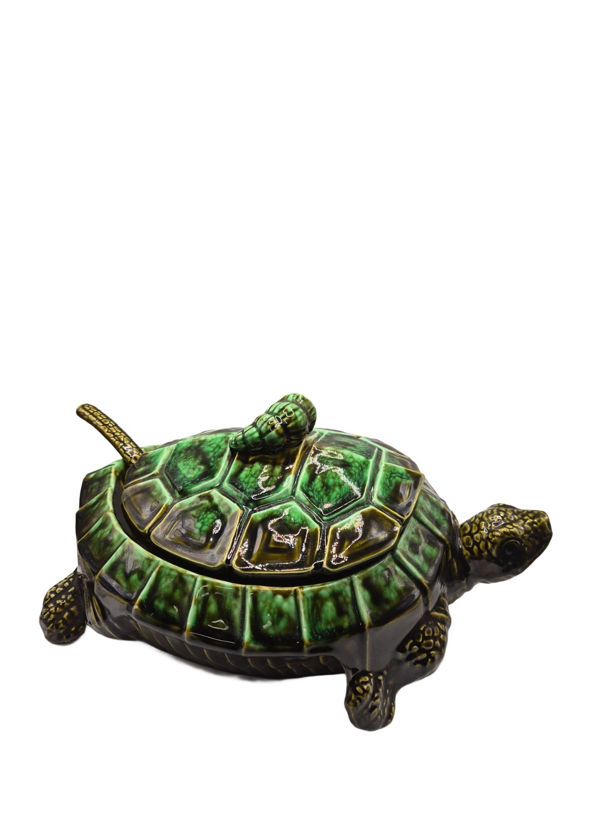 Vintage Tilso Japan Ceramic Turtle Soup Tureen & Ladle MCM Green Drip Glaze