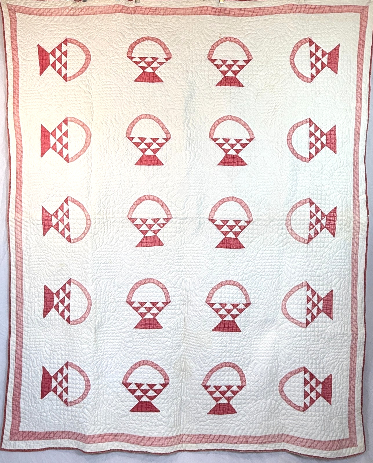 Antique 1880s-1900 Red Basket Quilt Hand Pieced Applique Hand Quilted 59x75\