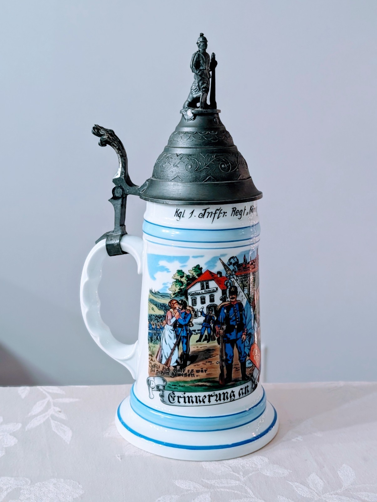 VTG German Regimental Beer Stein Pewter Top Lithophane 1902-04 Kgl. 1. Inftr Reg