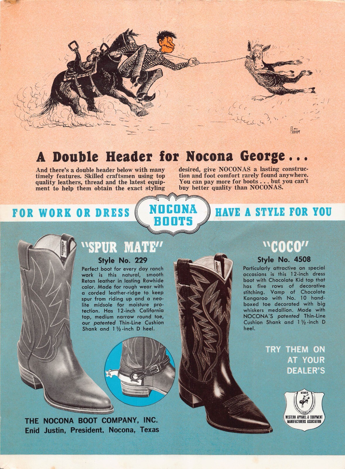 Nocona Western Cowboy Boots Coco Spur Mate Roping Bucking Horse Vtg Print Ad