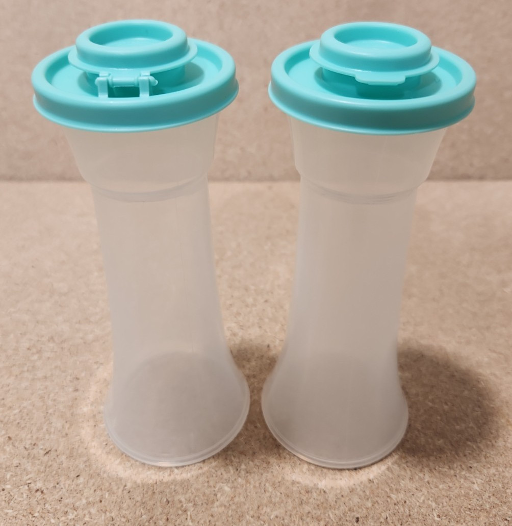 Tupperware Large Hourglass Classic Salt and Pepper Shakers Mint Green lids NEW