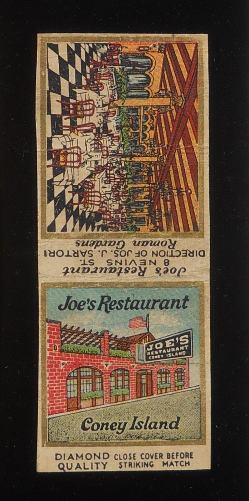 1930s DIAMOND QUALITY Joe\'s Restaurant Jos. J. Sartori Brooklyn Coney Island NY