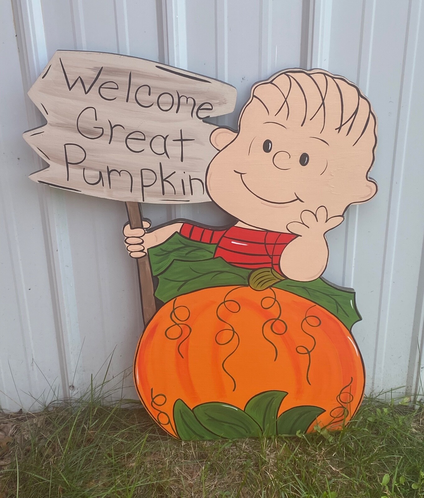 BOY IN PUMPKIN PATCH HALLOWEEN WELCOME GREAT PUMPKIN WOOD OUTDOOR LAWN SIGN