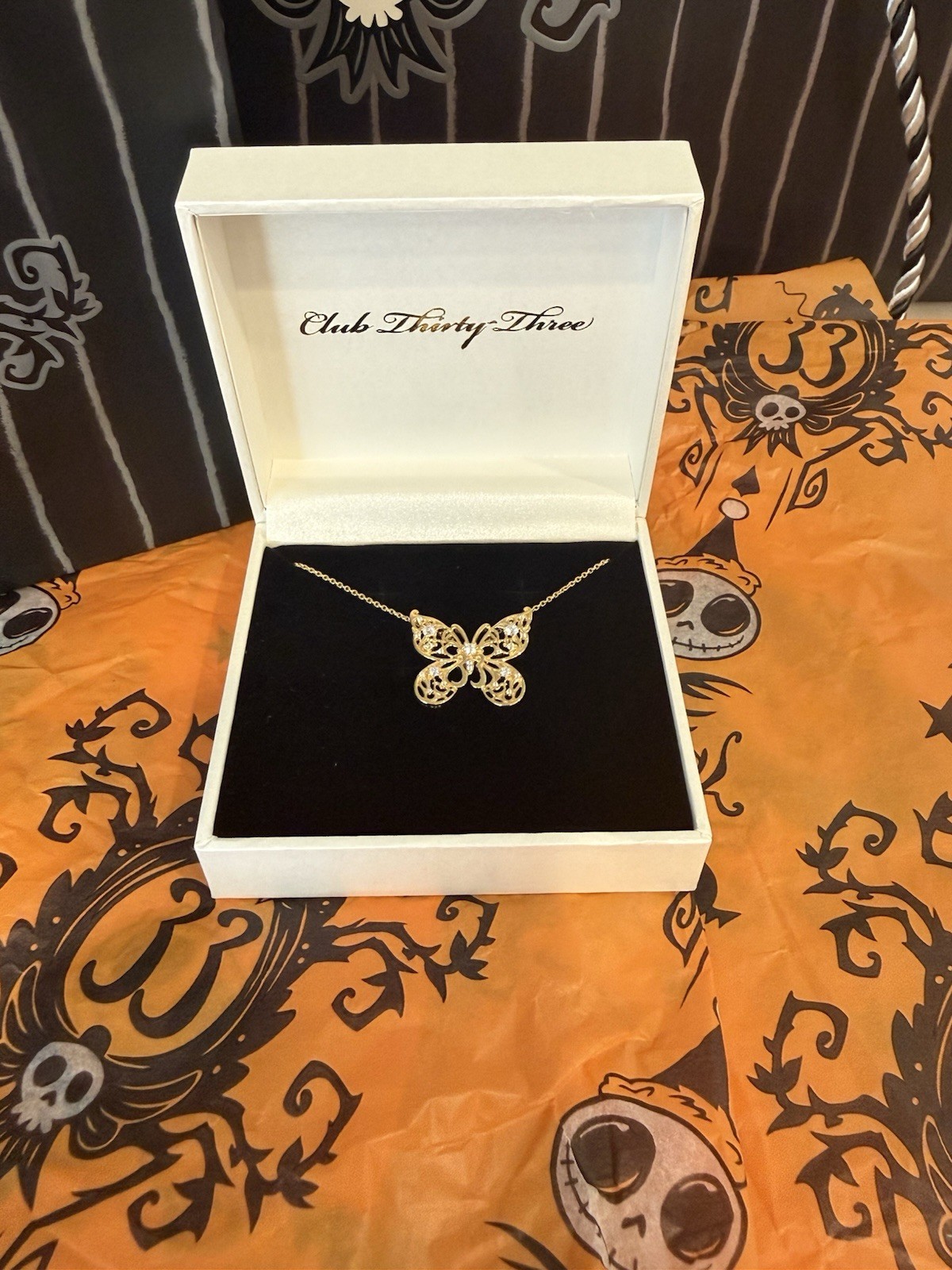 2026 Disney Club 33 Gold Butterfly Necklace & Halloween 33 Gift Bag/Tissue NEW