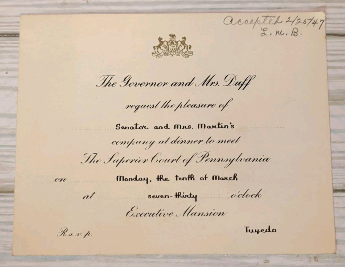 1947 Executive Mansion Dinner Invitation Gov James Duff & Senator E Martin Pa