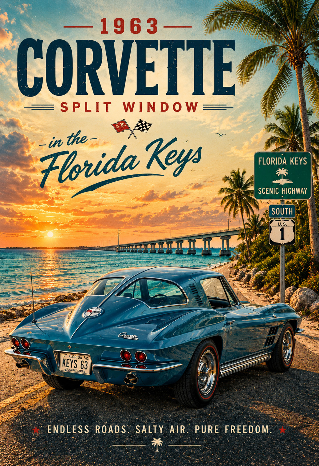 1963 Corvette Split Window Florida Keys Vintage Car Poster 13x19 Wall Art
