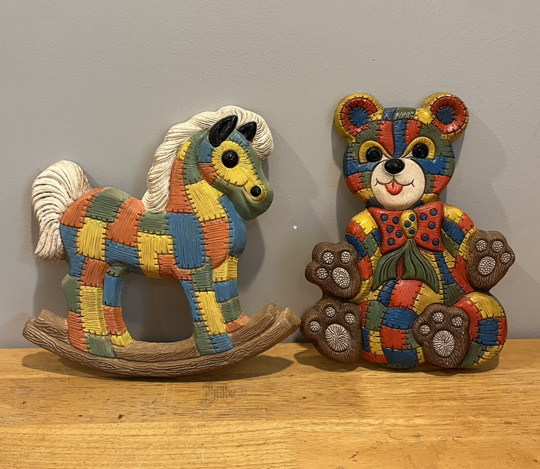 Vintage 1979 Foam Craft Nursery Teddy Bear And Rocking Horse Wall Hanging