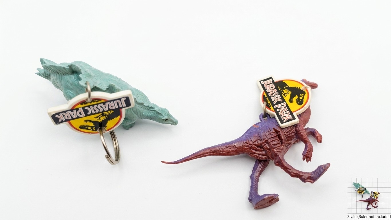 Two (2) original 1993 Jurassic Park rubber dinosaur keychains.