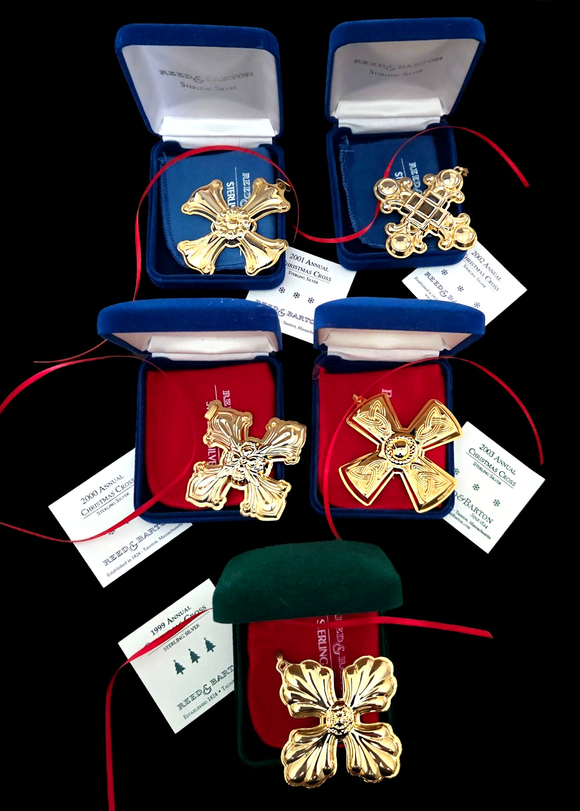 Reed & Barton Set of 5, 1999 to 2003 Vermeil Sterling Cross Christmas Ornaments Reed & Barton Set of 5, 1999 to 2003 Vermeil Sterling Cross Christmas Ornaments