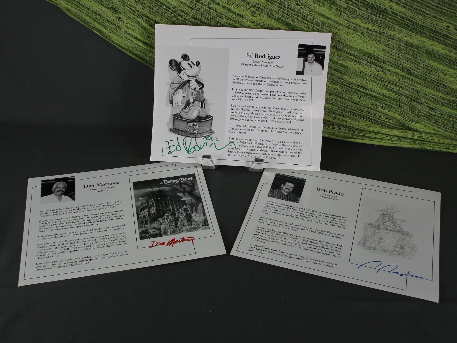 3 SIGNED PHOTO SHEETS DISNEY ARTISTS ~ BOB PRADO, ED RODRIGUEZ & DAN MARTINEZ