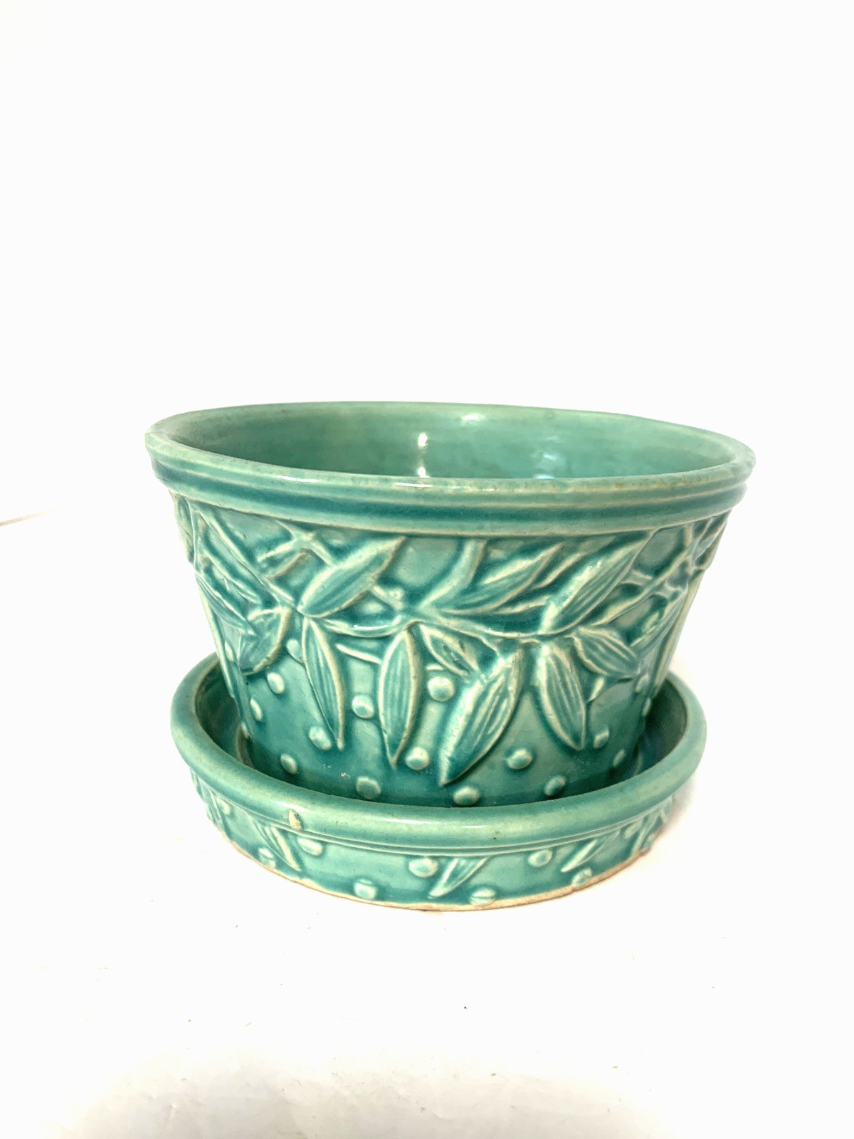 Vintage McCoy Pottery Turquoise Leaves Hobnail Flower Pot Planter w/Saucer