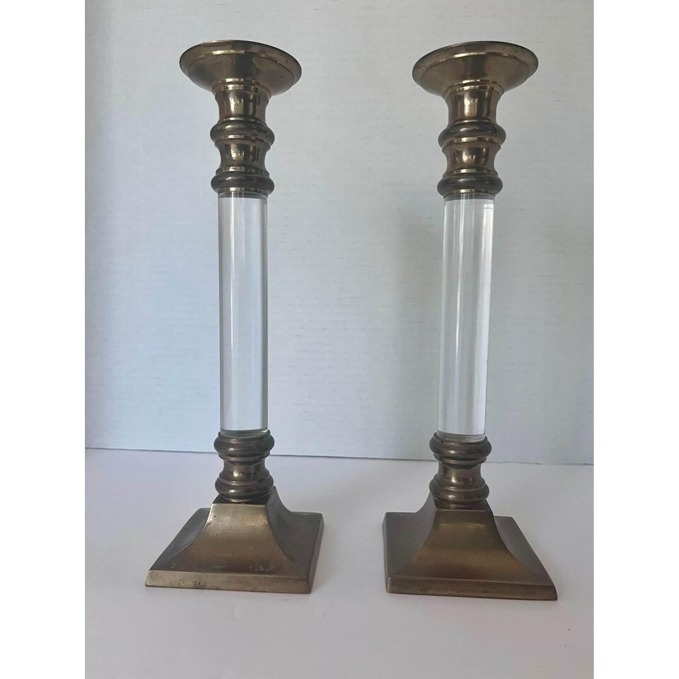Mid-Century 70’s-80’s Modern Lucite & Brass Candle Holders or Candlesticks- Set Mid-Century 70’s-80’s Modern Lucite & Brass Candle Holders or Candlesticks- Set