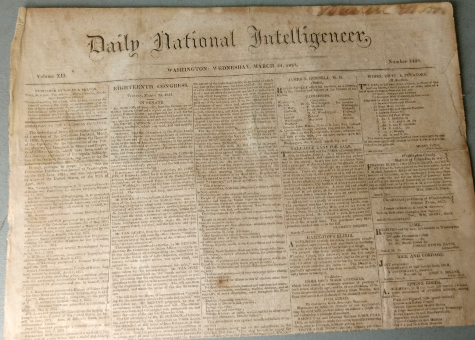 RARE 1824 Presidential Election Newspaper National Intelligencer Andrew Jackson RARE 1824 Presidential Election Newspaper National Intelligencer Andrew Jackson