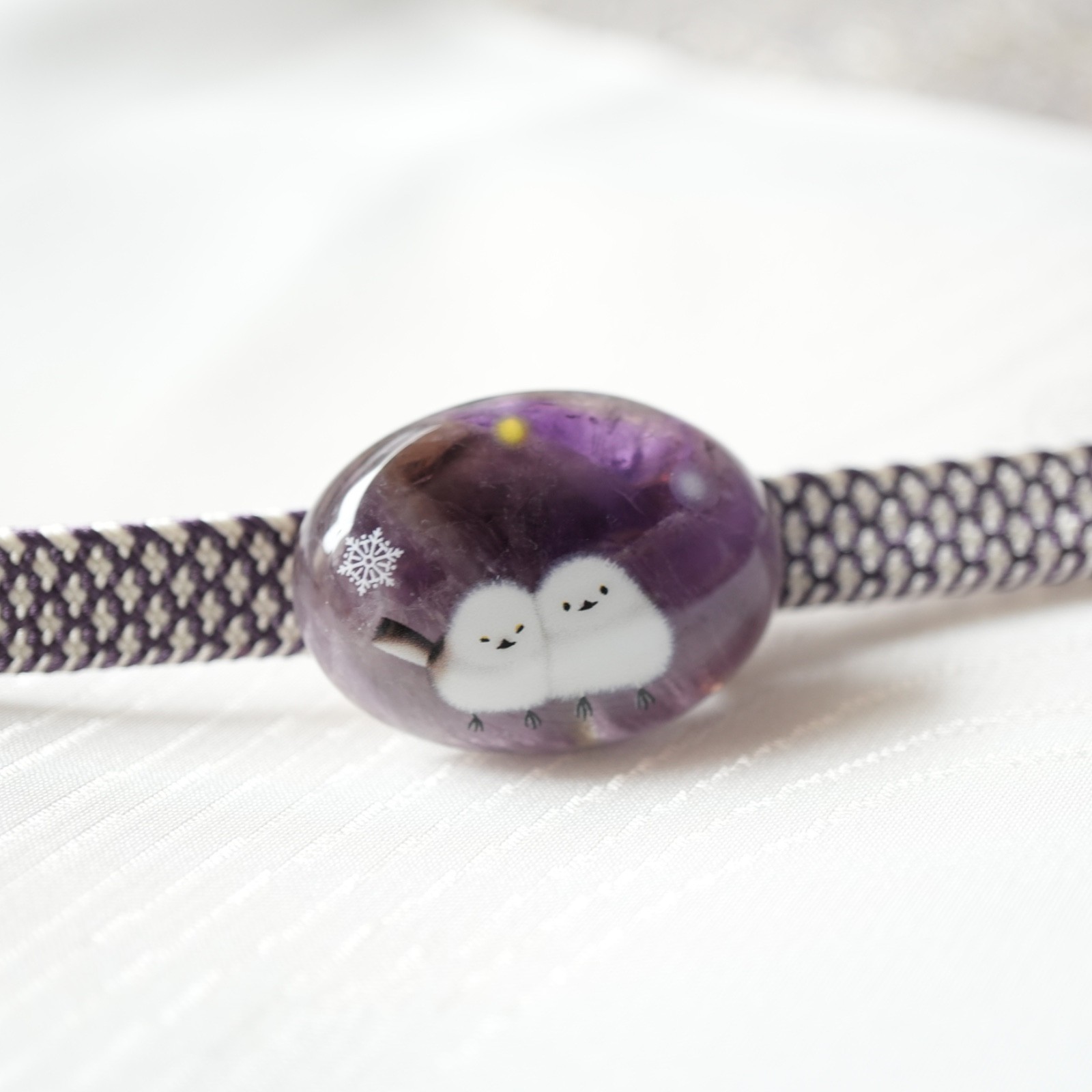 Amethyst Shima-enaga Bird Kimono Obidome February Birthstone– Japanese Handmade