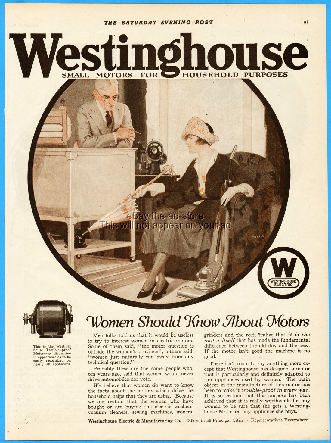 1921 Westinghouse Electric Women Should know About Motors Men Folk Told Us Ad