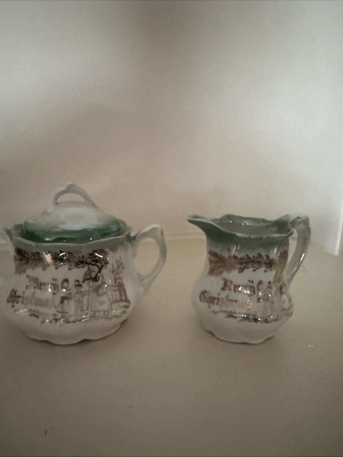 Antique Leuchtenburg Germany Merry Christmas Porcelain SUGAR CREAMER SET Green