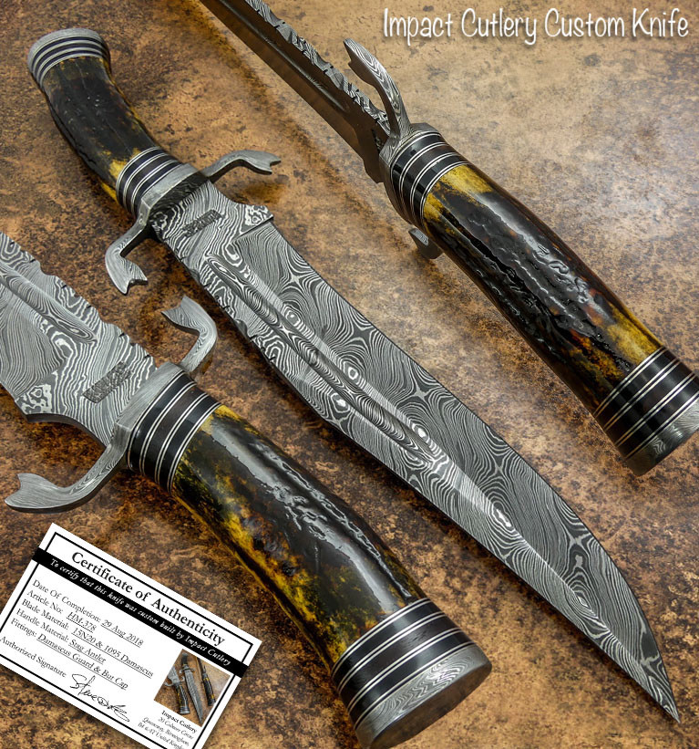 IMPACT CUTLERY RARE CUSTOM DAMASCUS BLOOD GROOVED BOWIE KNIFE | STAG ANTLER 