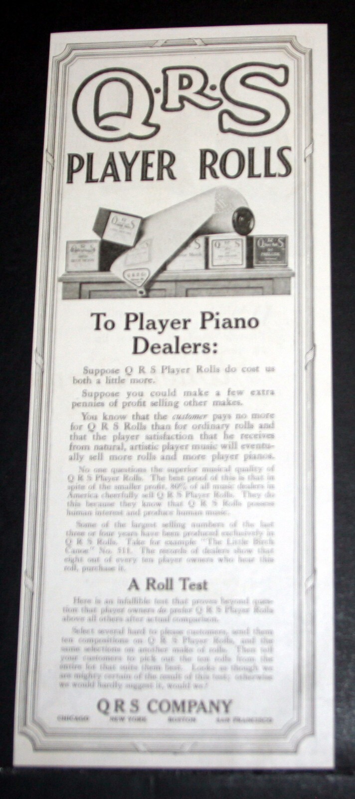 1918 OLD WWI MAGAZINE PRINT AD, Q-R-S PLAYER PIANO ROLL, PLAYER OWNERS PREFERED