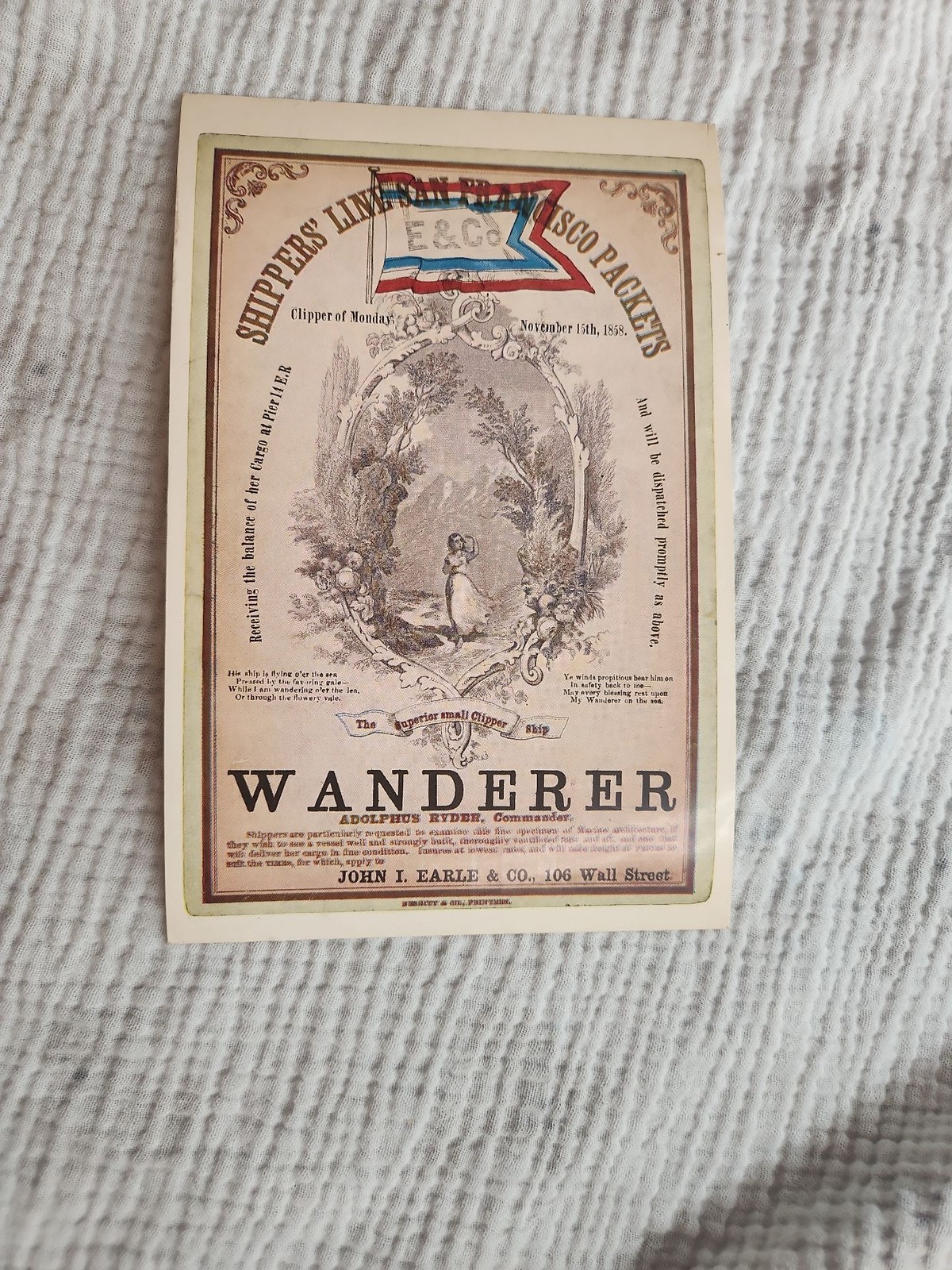 Vintage Fireman's Fund Clipper Ship Wanderer Sailing Card Reproduction